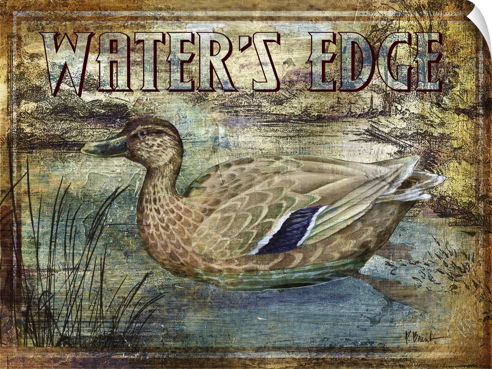 Textured sign with a mallard duck in a river with the text Water's Edge.