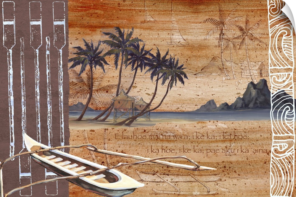 Mixed media artwork featuring paddle graphics, palm trees, and an outrigger canoe.
