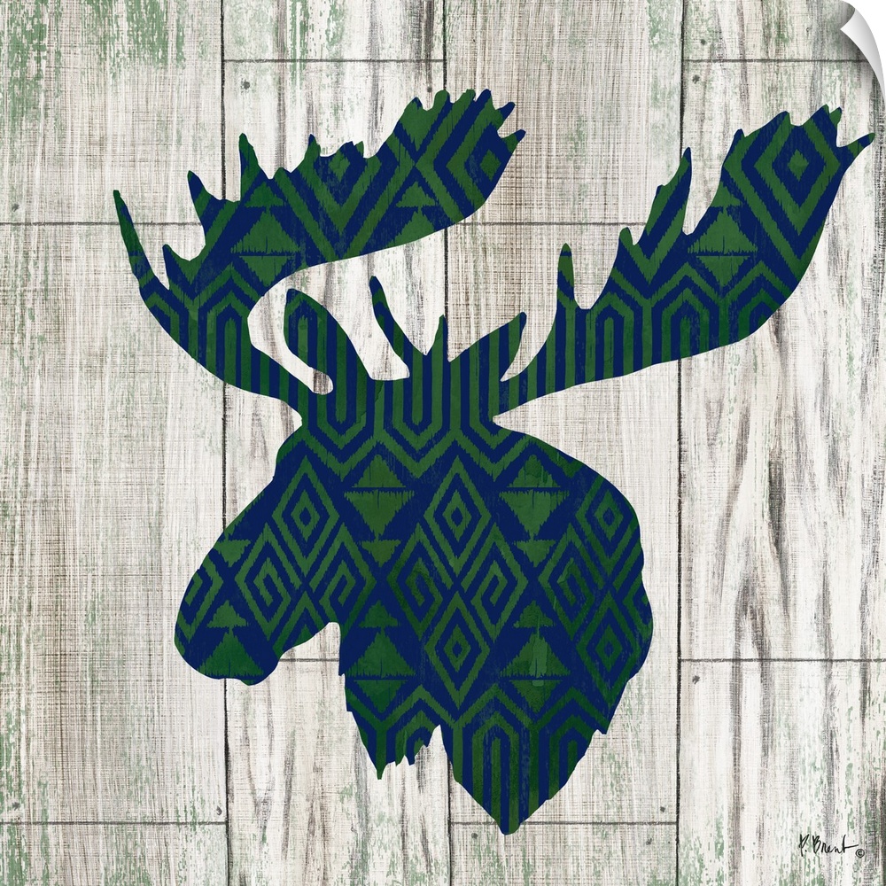 Square cabin decor with a blue and green patterned silhouette of a moose on a faux distressed wooden background.