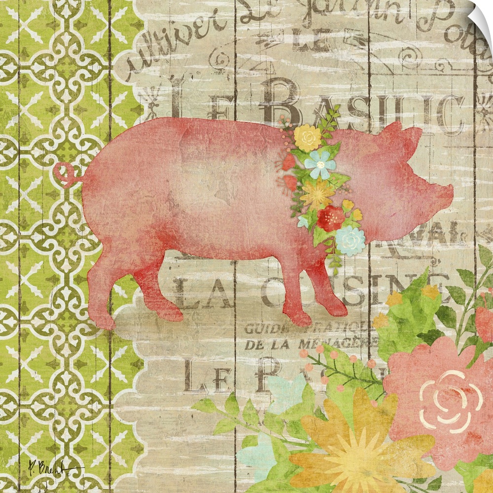 Silhouette of a pig with floral embellishments on wood panels.