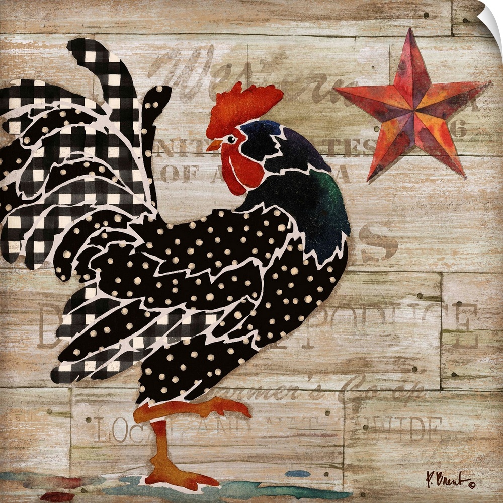 Square kitchen decor with an illustration of a rooster on a wooden produce box background with writing.