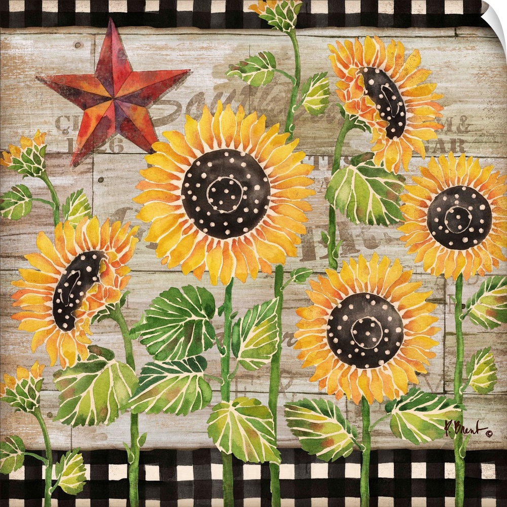 Square decor with painted sunflowers on a faux wood background with a black and white checkered pattern and a red barnstar.