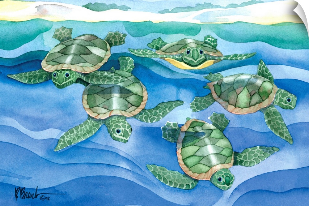 Watercolor painting of a group of sea turtle hatchlings swimming in the ocean.