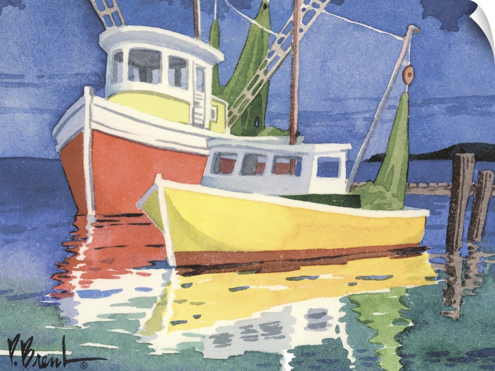 Contemporary painting of two colorful fishing boats at a dock.