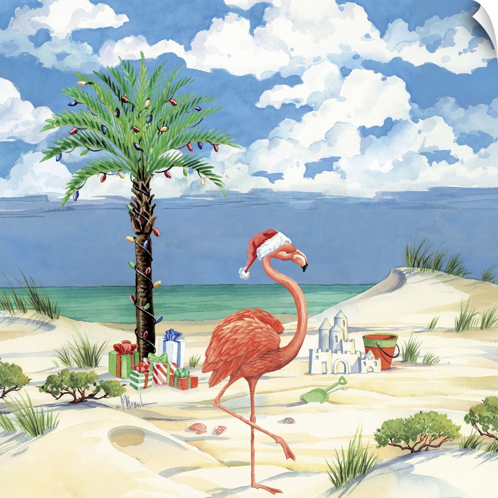 Watercolor painting of Christmas presents on a tropical beach with a palm tree and a flamingo.