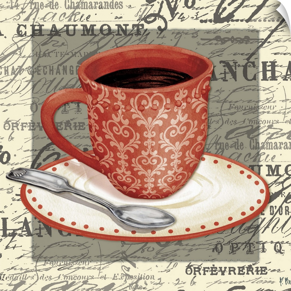 Mixed media panel with a red cup of coffee with a saucer and spoon on vintage text and handwriting.