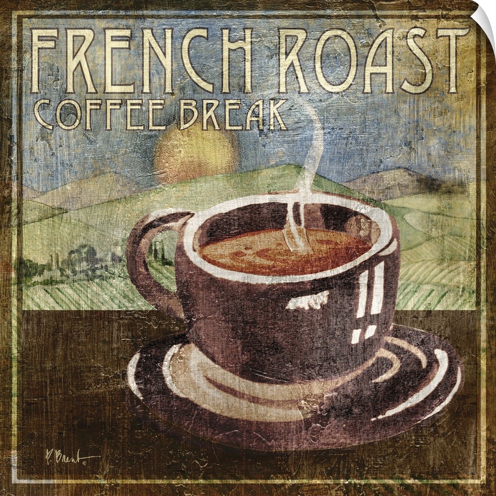 Vintage-style sign for coffee with a mug of steaming hot coffee and rolling farm hills in the background.