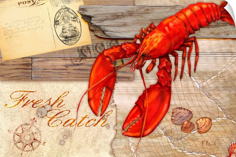 A collection of marine elements on a faux driftwood background, including a lobster, pebbles, and the words "Fresh Catch."