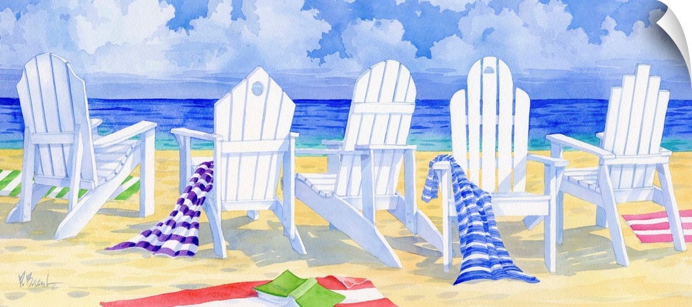 Watercolor painting of five white adirondack chairs with towels on a sandy beach.