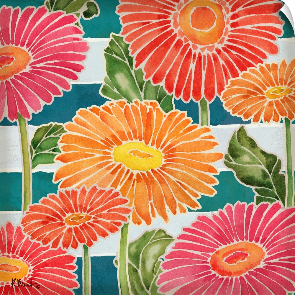 Painting of pink and orange daisies with white outlines.