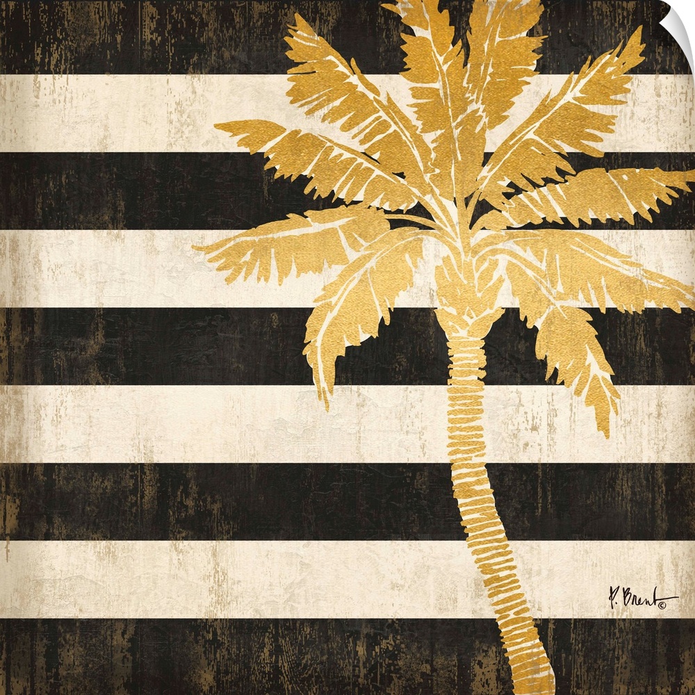 Square decor with a metallic gold palm tree on a black and white striped background.