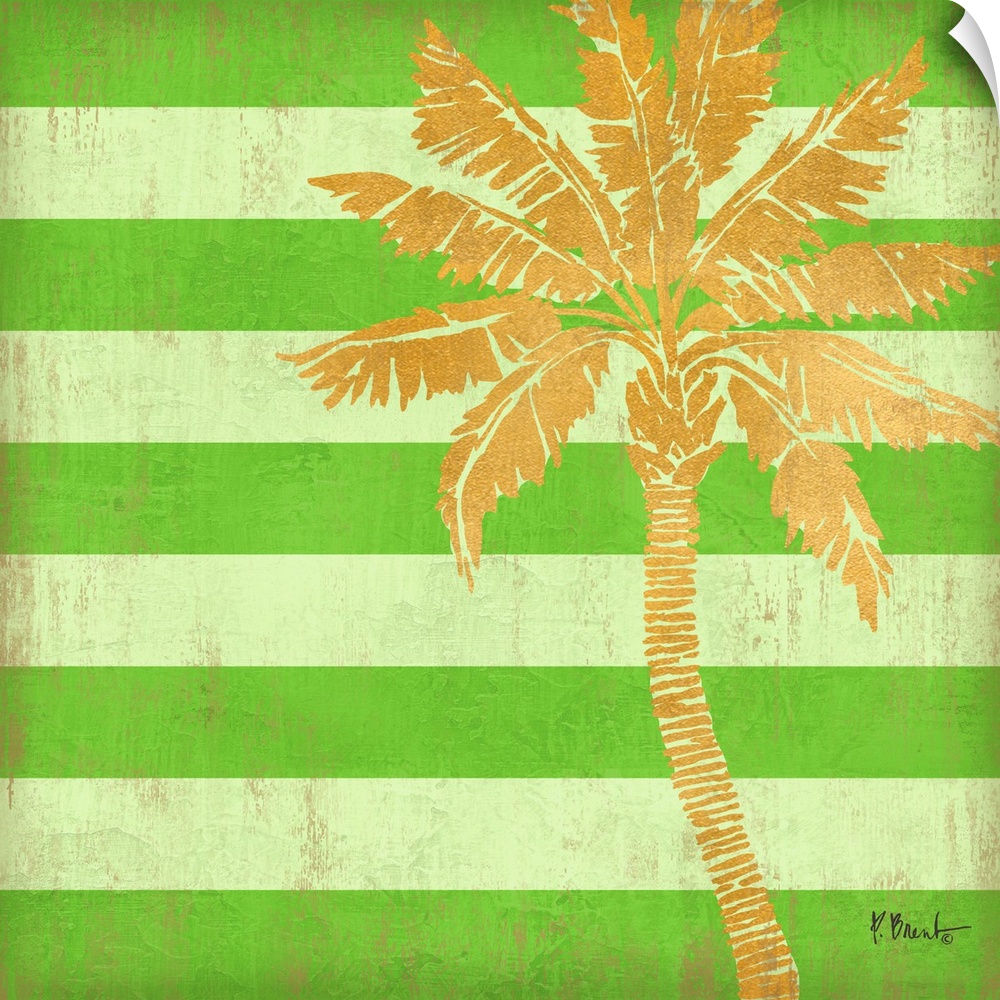 Square decor with a metallic gold palm tree on a bright green striped background.