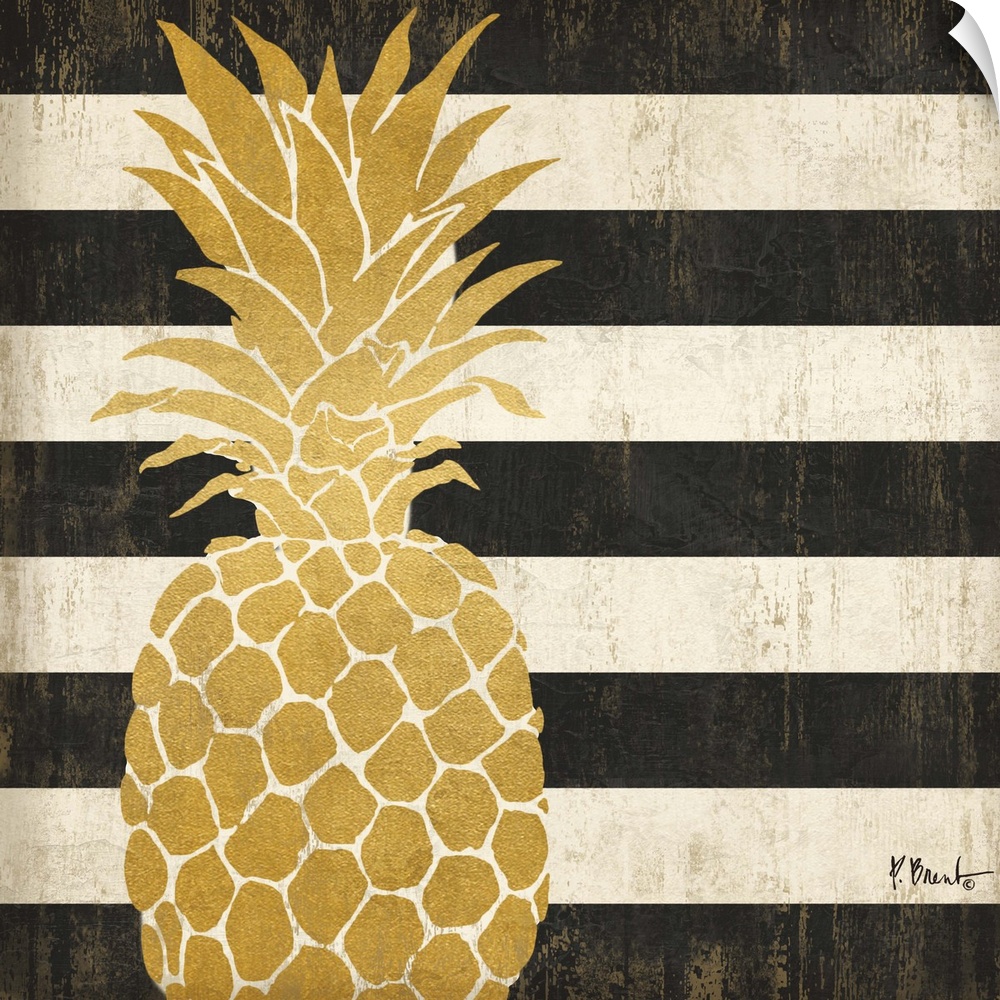 Square decor with a metallic gold pineapple on a black and white striped background.