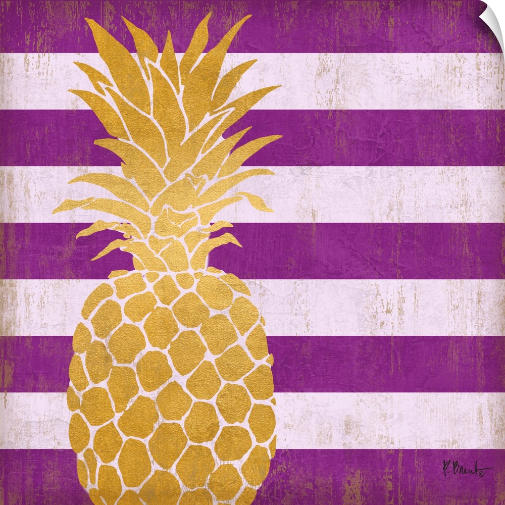 Square decor with a metallic gold pineapple on a purple striped background.