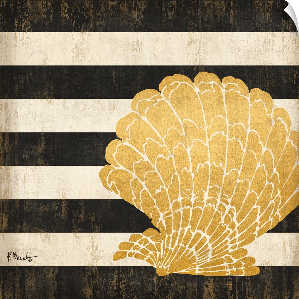Square decor with a metallic gold seashell on a black and white striped background.