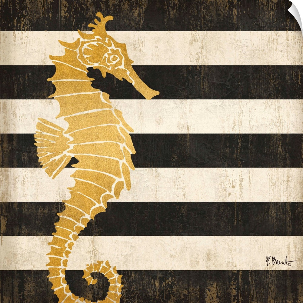 Square decor with a metallic gold seahorse on a black and white striped background.