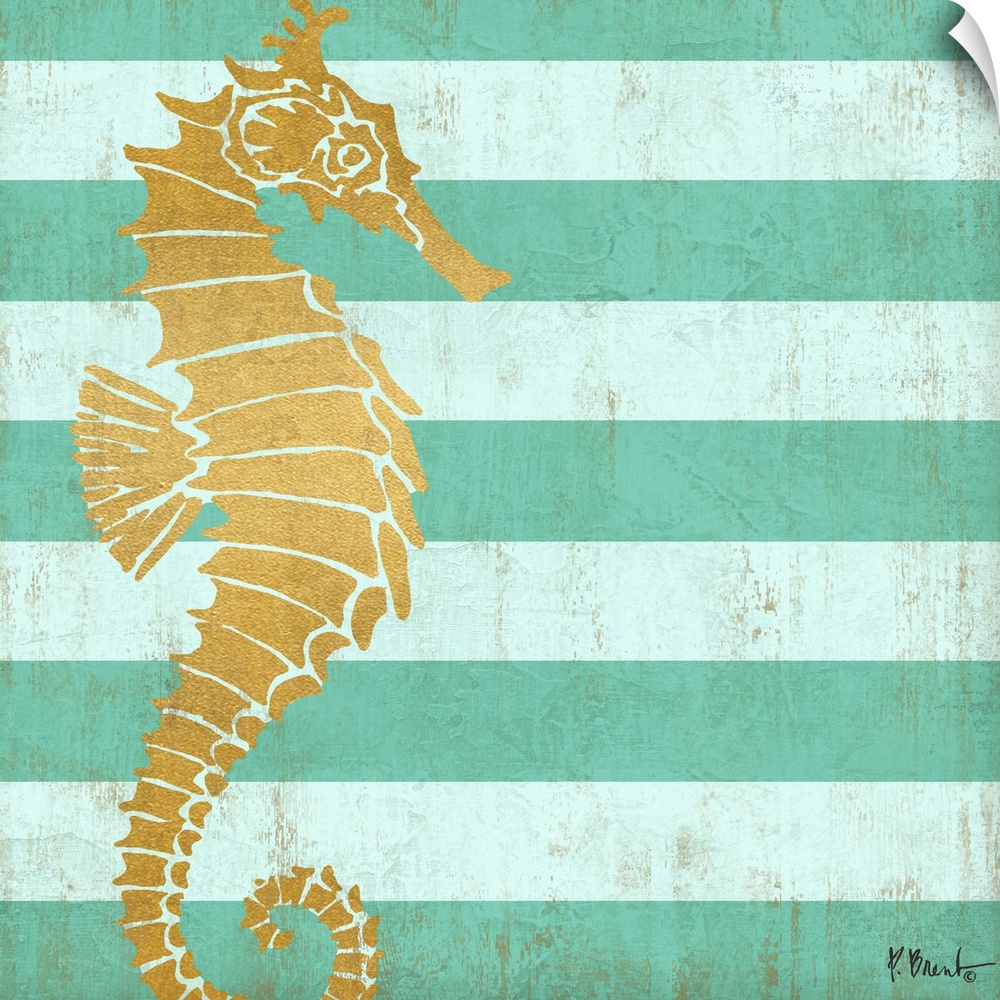 Square decor with a metallic gold seahorse on a blue striped background.