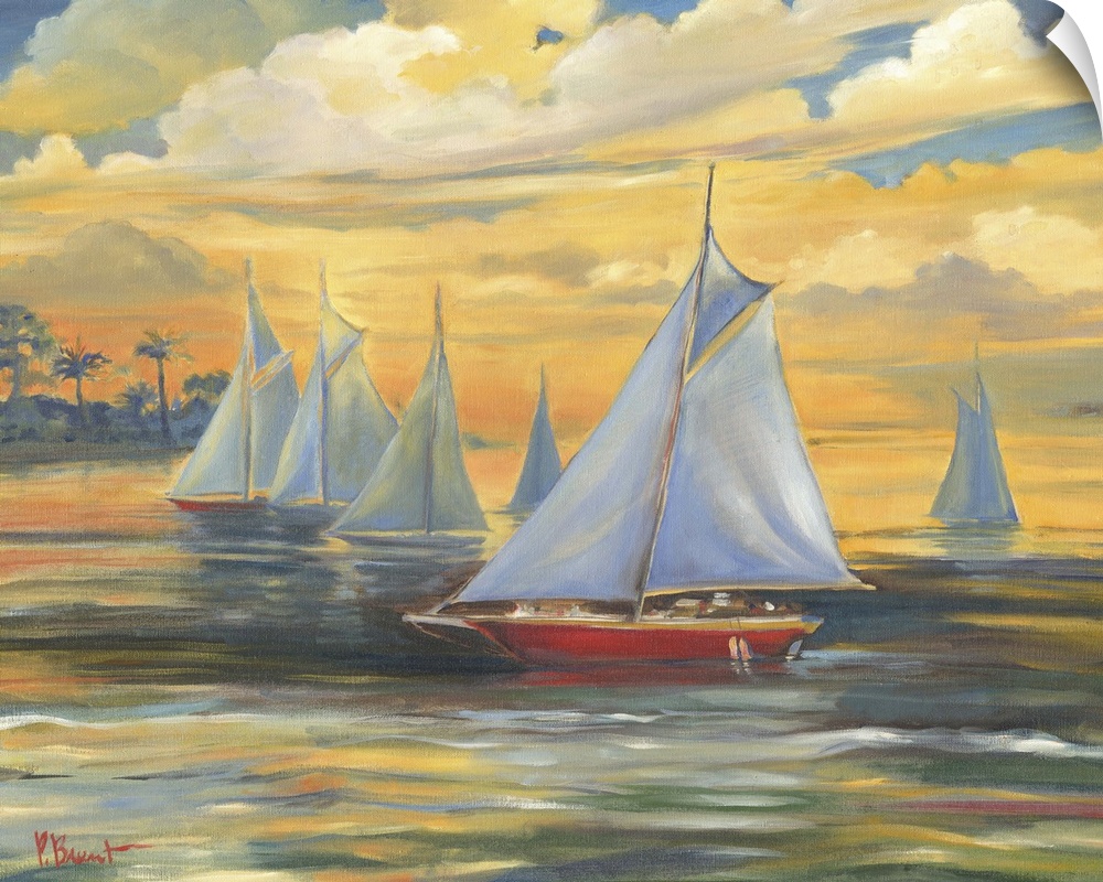Painting of a fleet of sailboats on the ocean at sunset, with glowing clouds.