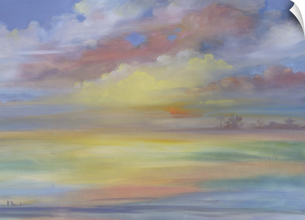 Watercolor painting of the ocean horizon at sunset, with the water and clouds reflecting the golden color of the sun.