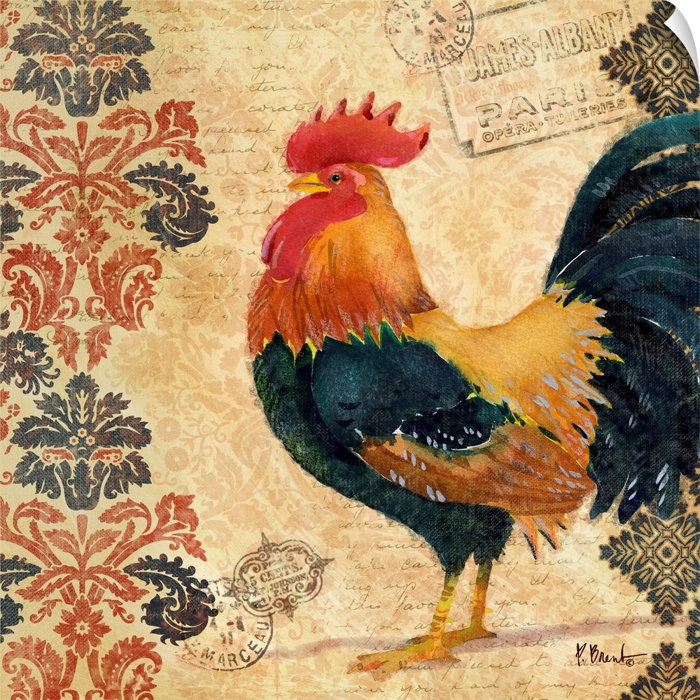Painting of a rooster on a decorative background with postmarks and a damask pattern.