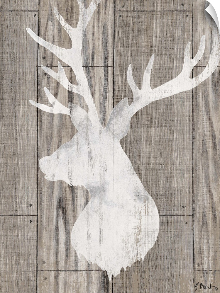 Contemporary decorative artwork of a light deer silhouette on a textured wooden background.