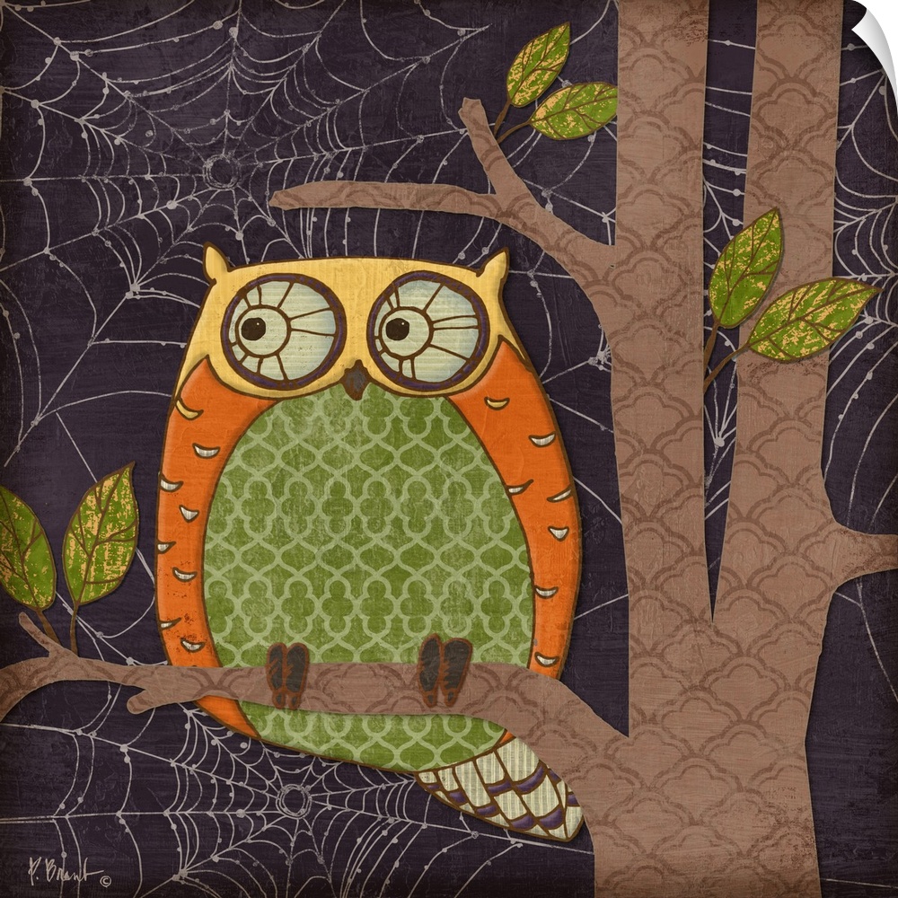 Halloween-themed illustration of a cute owl sitting in a tree, made of patterned shapes.