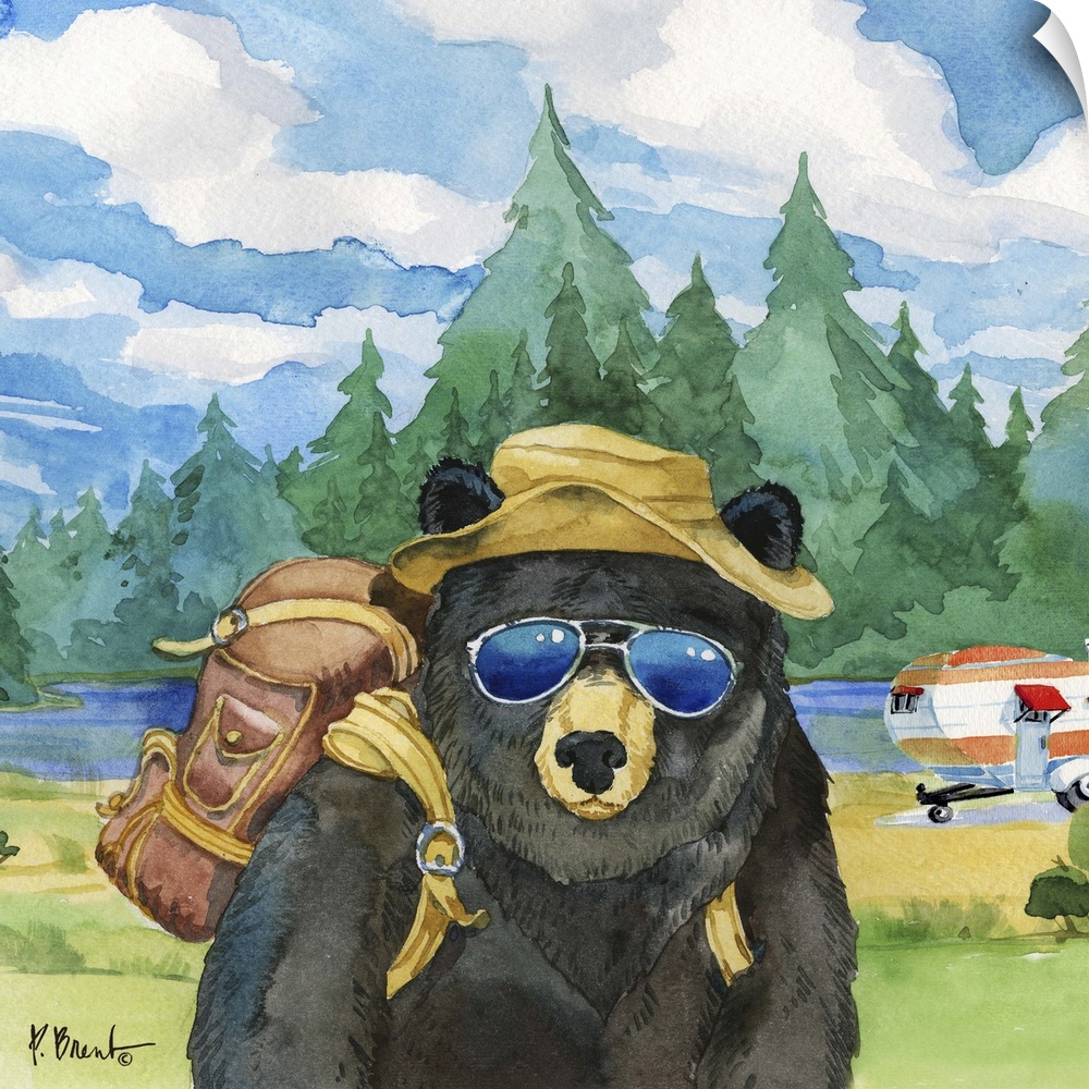 Square watercolor painting of a black bear with camping gear outside in the wilderness.