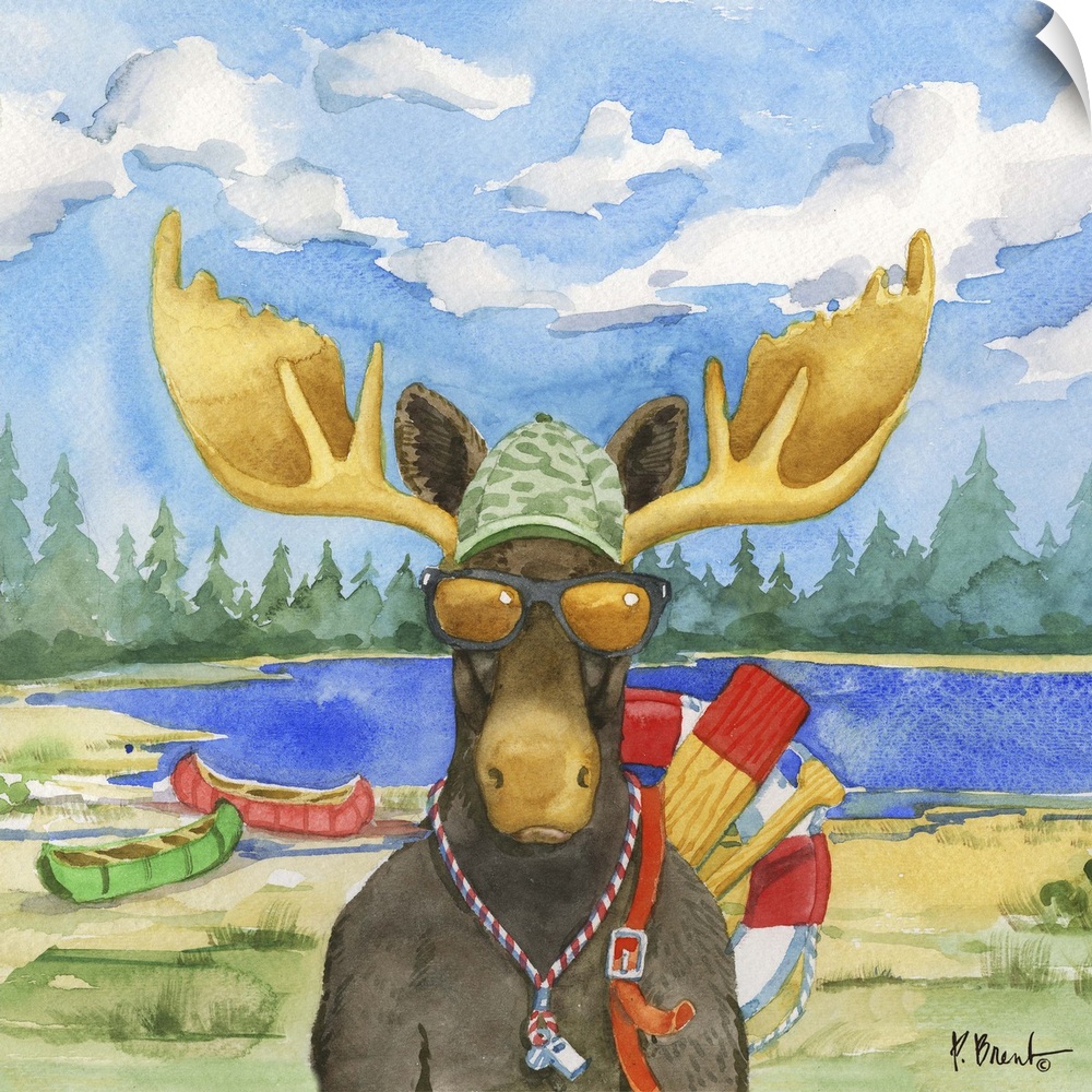 Square watercolor painting of a moose with paddling gear outside in the wilderness.