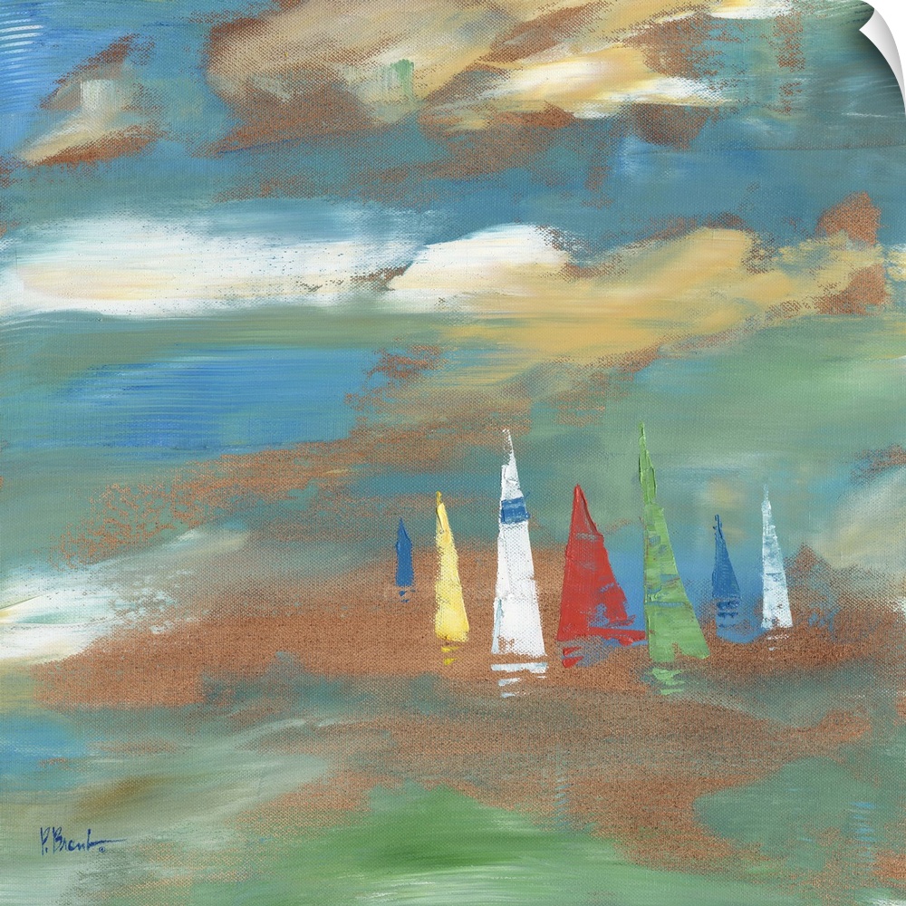 Semi-abstract painting of sailboats on the sea, done with broad brushstrokes and pastel colors.