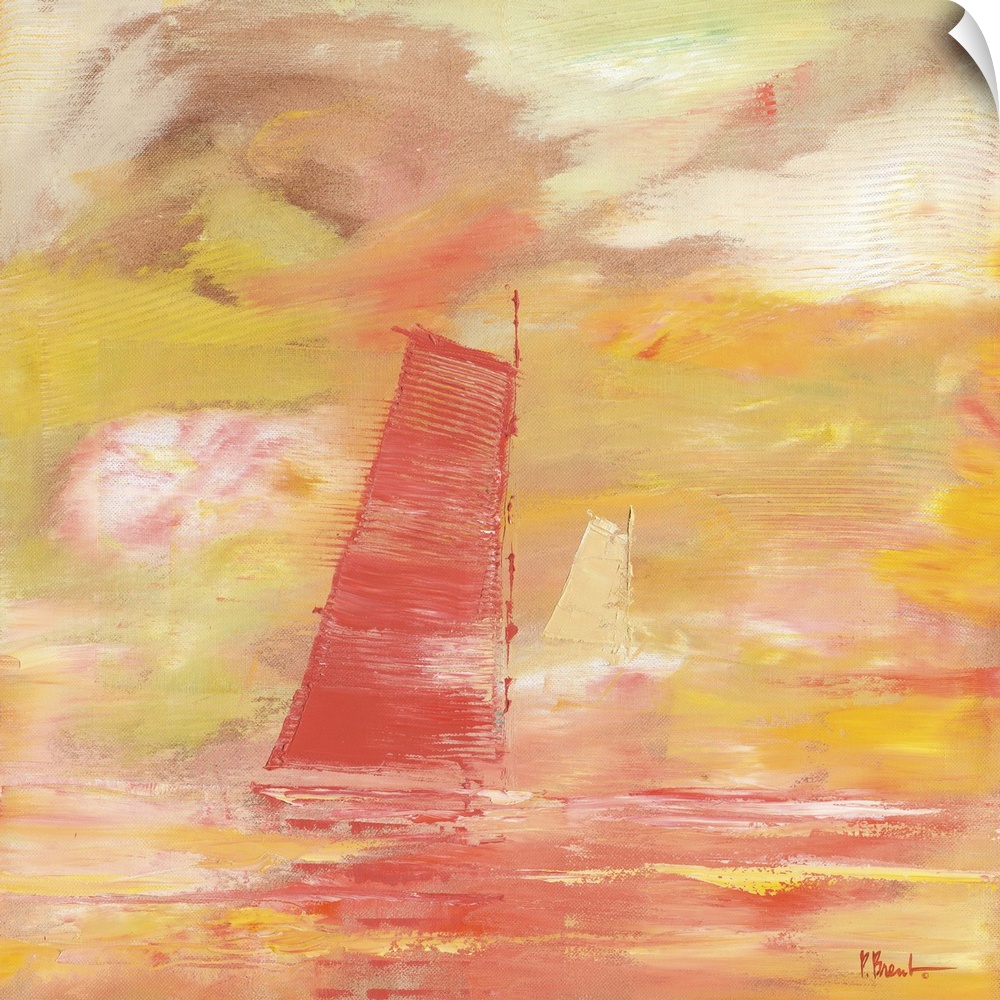 Semi-abstract painting of a sailboat on the sea, done with broad brushstrokes and pastel colors.