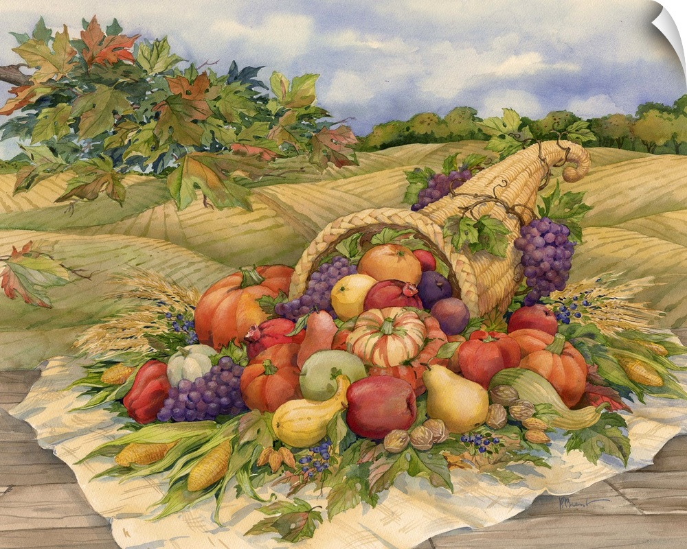 Painting of a cornucopia filled with harvest vegetables in an autumn field.