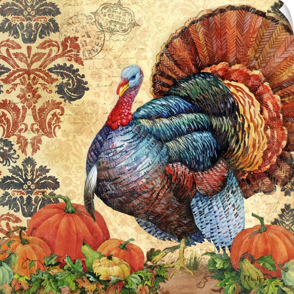 Illustration of a large turkey and pumpkins, celebrating the harvest season.