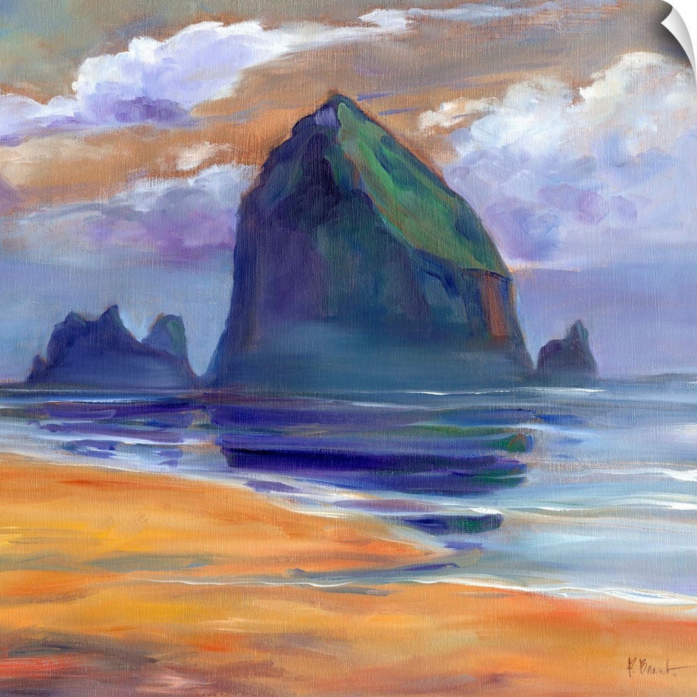 Landscape painting of the tall rock landmarks on the Oregon coast.