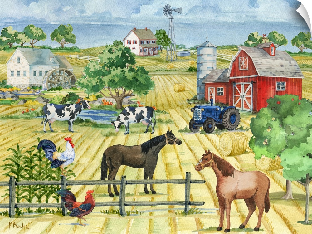 Large watercolor painting of a farm filled with animals and a red barn.