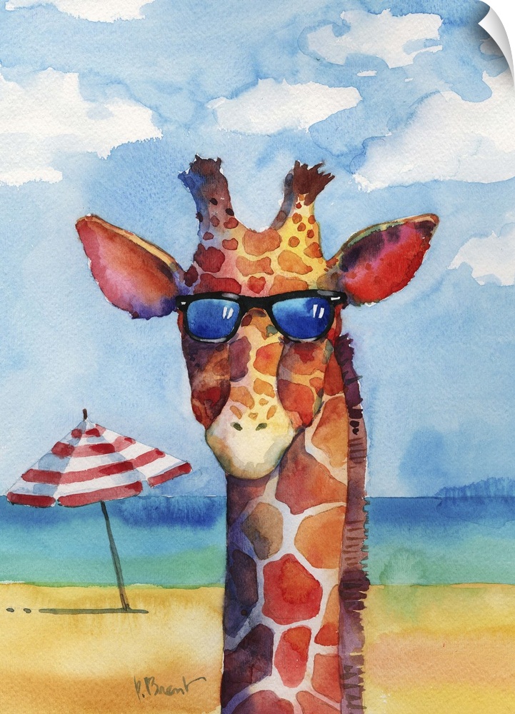 Watercolor painting of a giraffe wearing sunglasses on a beach with the ocean in the background.