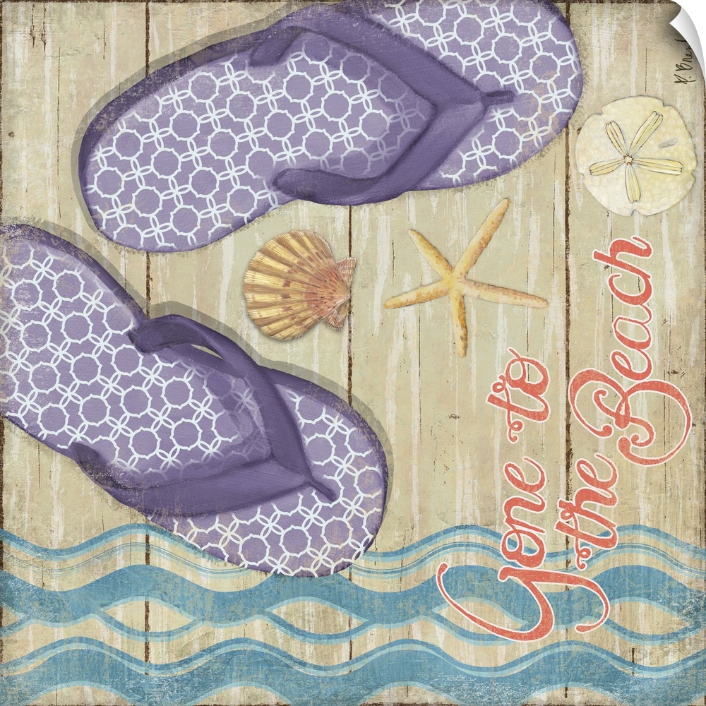 A pair of colorful flip-flops with shells and a wavy pattern on a faux wooden background.