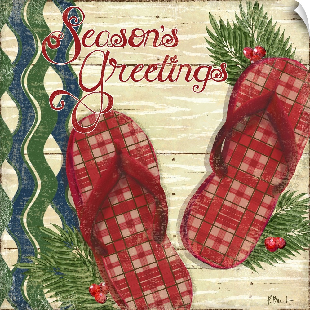 A pair of plaid-patterned holiday flip-flops decorated with holly and the words "Season's Greetings."