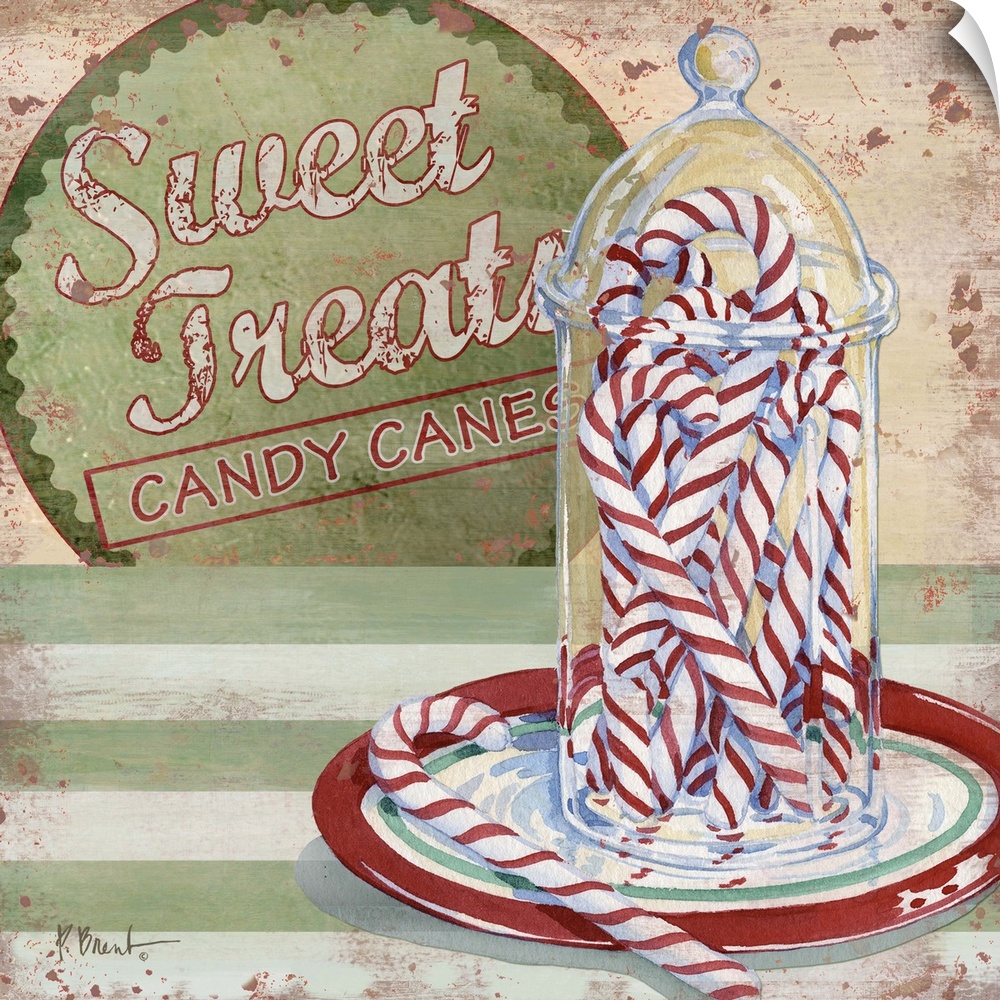 Festive artwork featuring several striped candy canes in a glass jar.