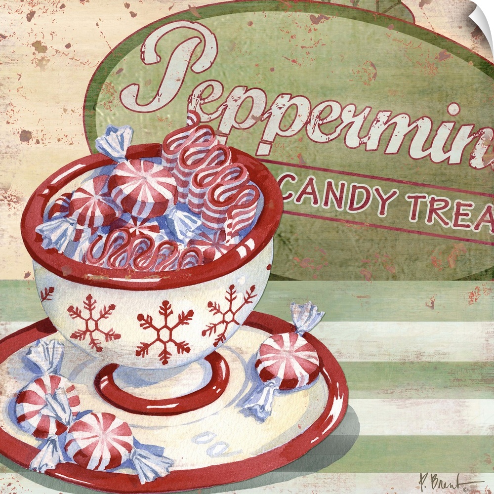 Festive artwork of a cup full of peppermint candies.