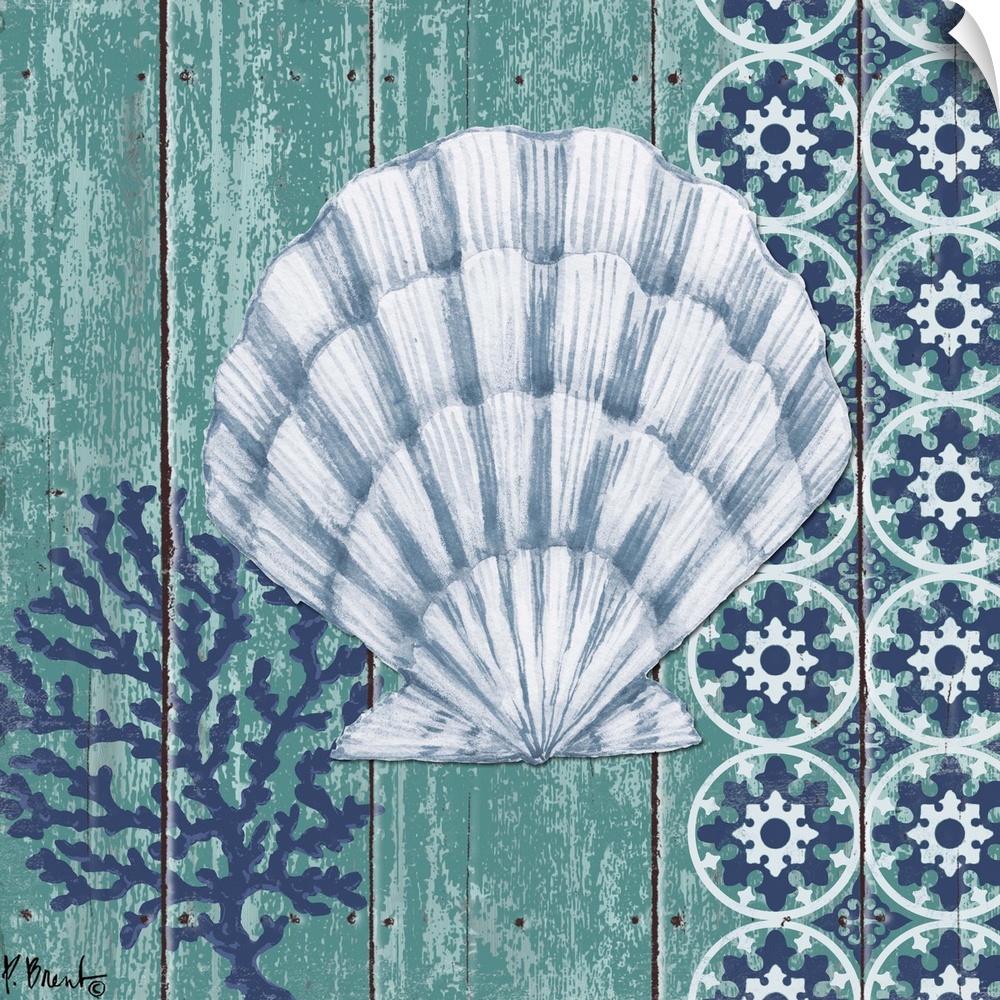 Contemporary decorative artwork of a scallop shell with a coral element on a textured panel background.