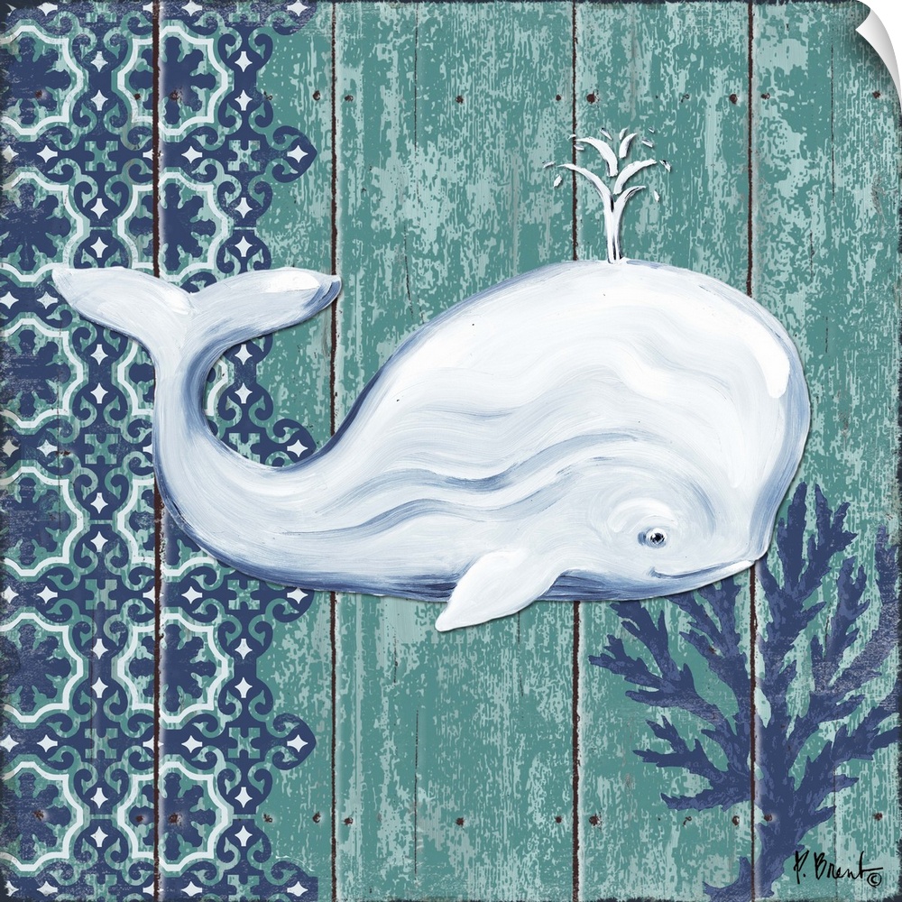 Contemporary decorative artwork of a whale with a floral pattern on a textured panel background.
