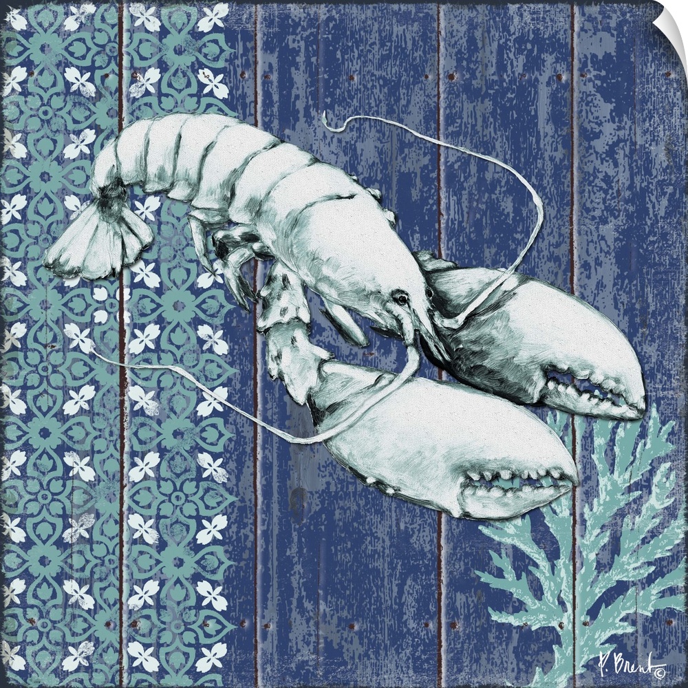 Contemporary decorative artwork of a lobster with coral and a floral pattern on a textured panel background.