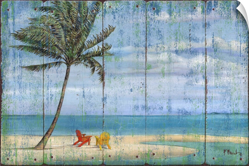 Large decor with a painted beach scene on a faux wood background.