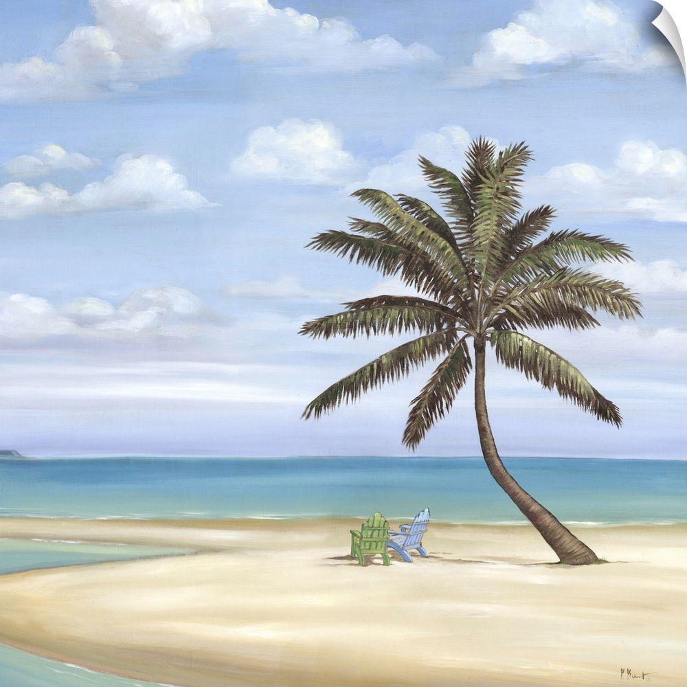 Contemporary painting of a palm tree on a sandy beach with two beach chairs.
