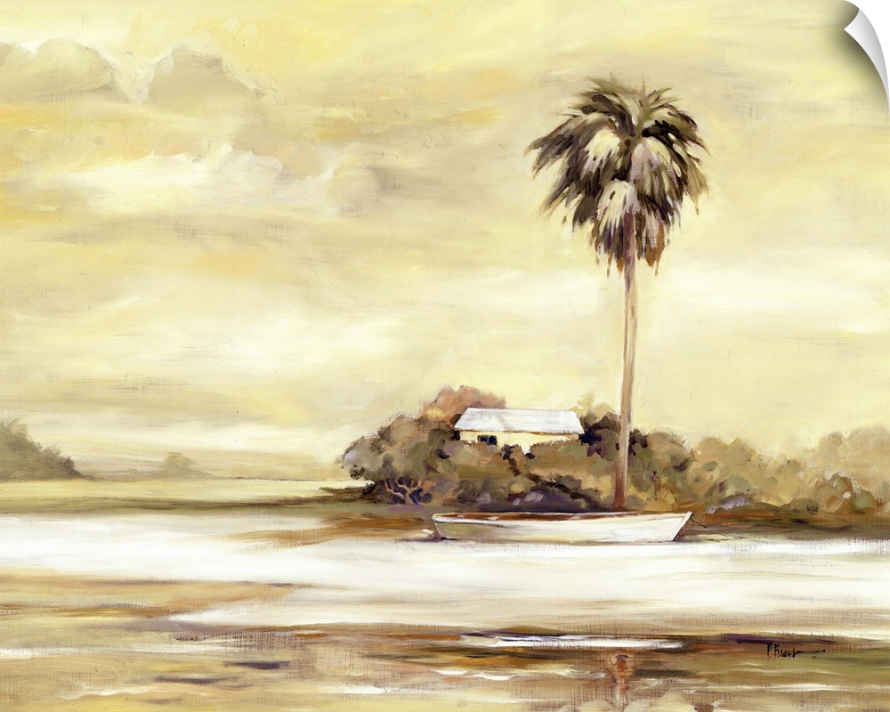 Sepia-toned painting of a tall palm tree rising over a sandy beach.