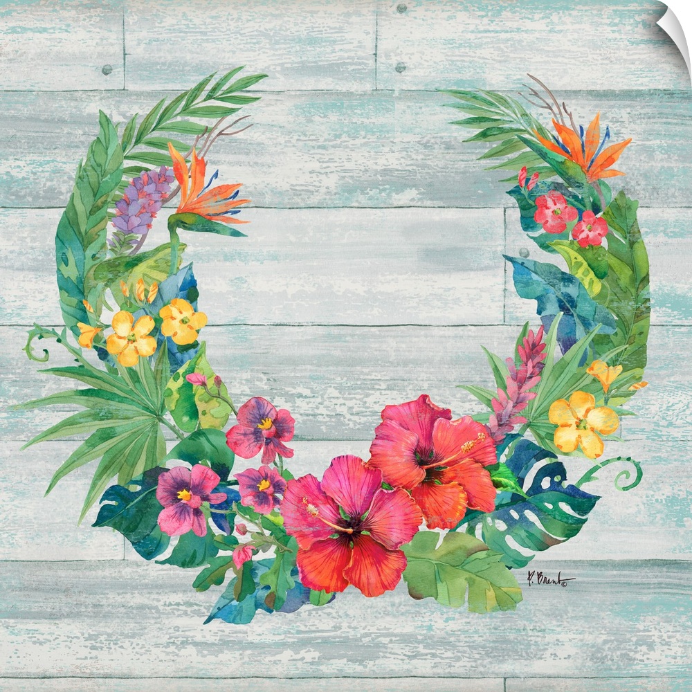 Square decor with a wreath made of tropical flowers and leaves on a faux wood background.