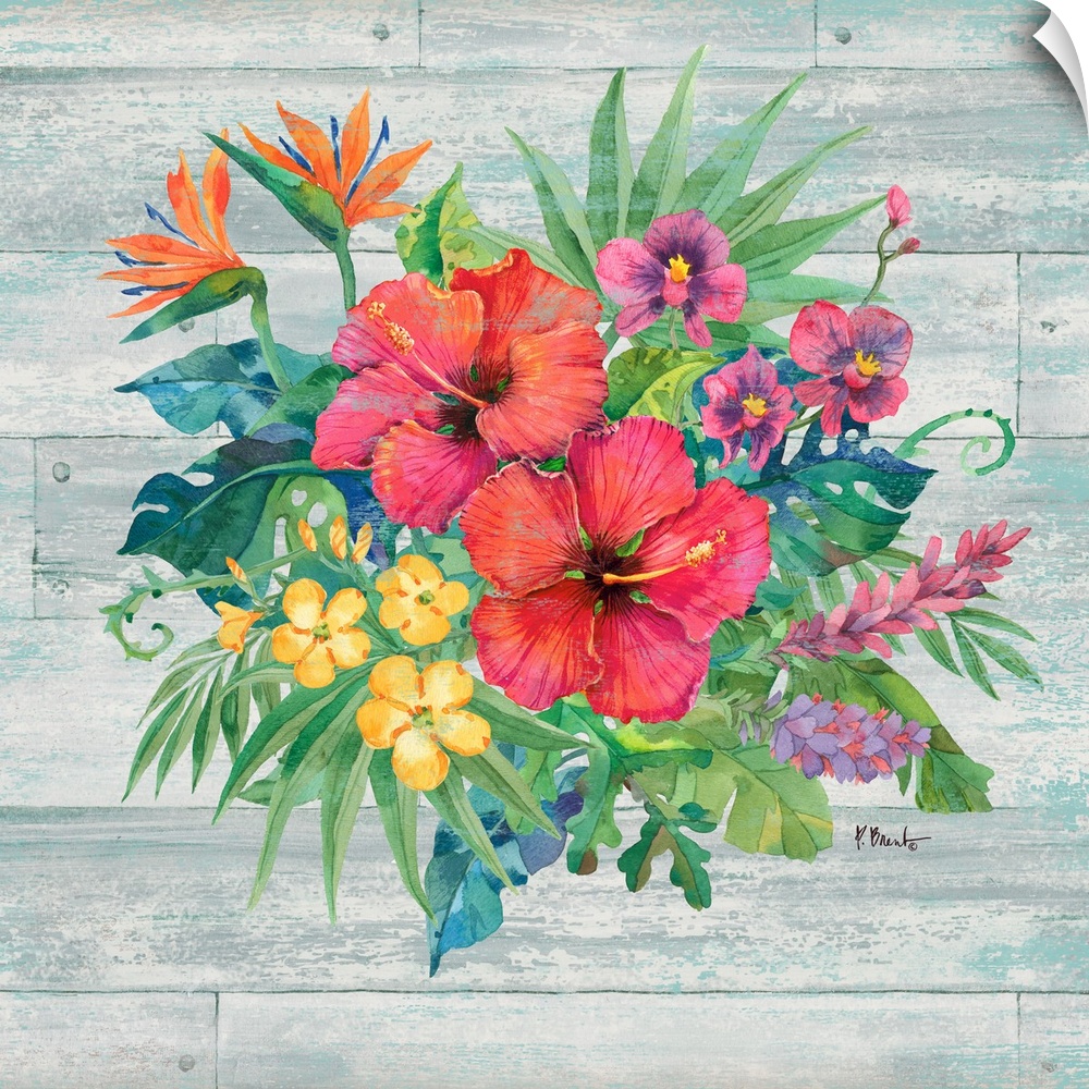 Square decor with watercolor painted tropical flowers and leaves on a faux wood background.