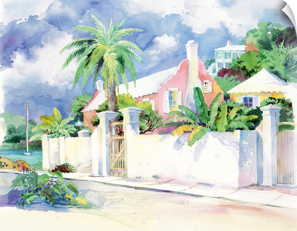 Contemporary painting of a house on an island with stone walls and palm trees.