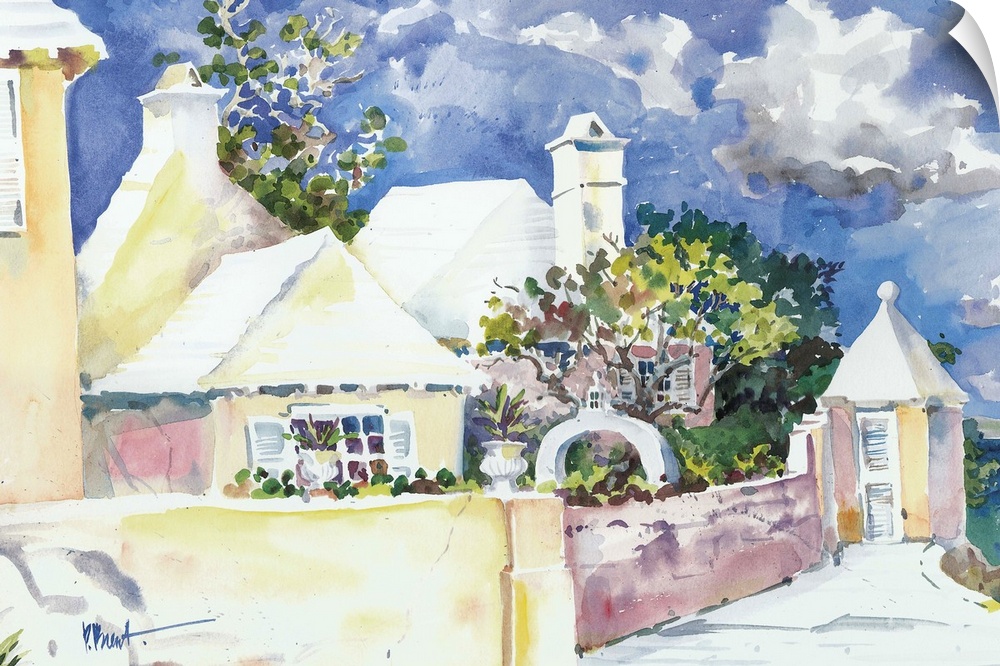 Contemporary painting of a tropical community with stone walls and palm trees.