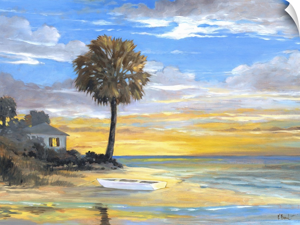 Contemporary painting of a beach scene with a lone palm tree at sunset.